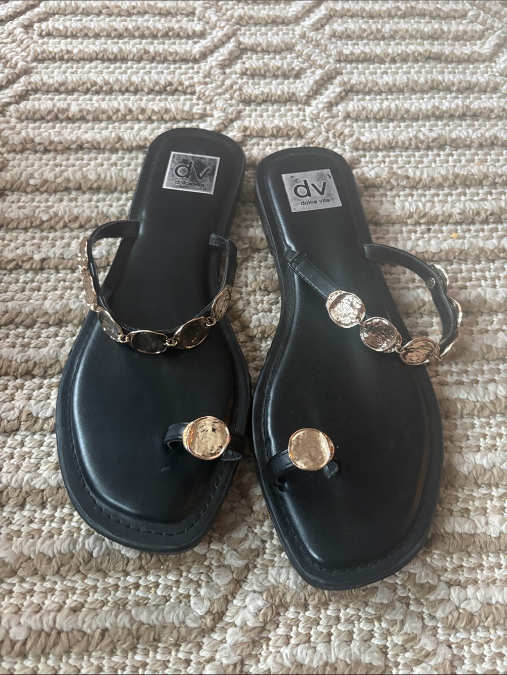 DV by Dolce Vita Black Sandals with Gold Coin Details 9.5